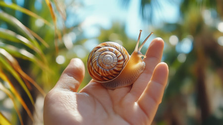A vibrant orange snail is positioned on a leaf surrounded by lush greenery in a rainforest setting.の素材