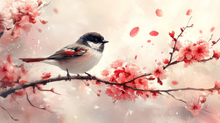 A black-capped chickadee stands on a delicate cherry blossom branch as pink petals gently fall around it, creating a serene atmosphere of spring in nature.の素材