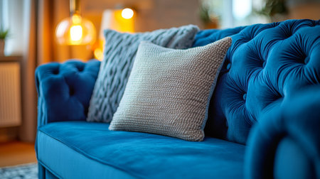 A cozy blue sofa adorned with textured pillows sits invitingly in a well-lit living room, creating a warm and relaxing atmosphere for leisure and conversation.の素材