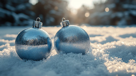 Two shimmering blue ornaments rest on a blanket of fresh snow, illuminated by the warm, golden light of the winter sun, creating a festive atmosphere.の素材