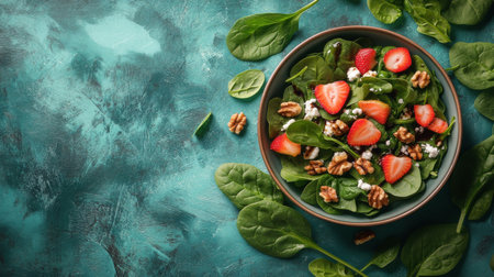 A vibrant bowl of spinach salad is beautifully arranged with fresh strawberries and walnuts. The colorful mixture lies on a rich turquoise surface that enhances its appeal.の素材