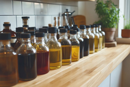 A selection of glass bottles filled with different oils lined up on a wooden countertop. Natural light filters through a window, highlighting the vibrant colors of the oils.の素材