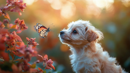 A curious puppy interacts with a delicate butterfly among vibrant flowers in a garden at sunset. The warm light creates a magical atmosphere.の素材