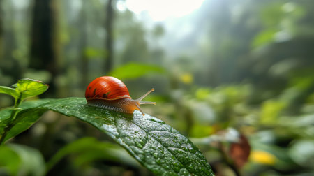 A vibrant orange snail is positioned on a leaf surrounded by lush greenery in a rainforest setting.の素材