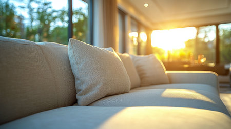 Soft cushions adorn a cozy sofa in a stylish living room bathed in warm golden light. Sunlight filters through large windows, creating a serene atmosphere in the evening.の素材