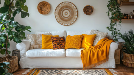 A cozy living room featuring a light sofa adorned with vibrant cushions. The walls are painted in soothing colors, complemented by bright curtains, creating a cheerful ambiance.の素材