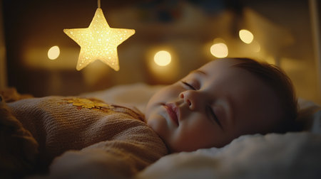A peaceful baby sleeps soundly with eyes closed, surrounded by soft bedding and warm, glowing lights. A golden star decoration hangs above, adding a magical touch to the cozy atmosphere.の素材
