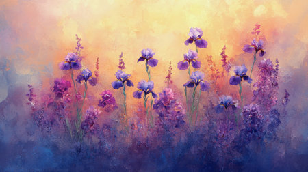 Purple flowers amid a swirl of colors in a vibrant garden. The warm hues of sunset create a peaceful atmosphere, showing nature's beauty.の素材