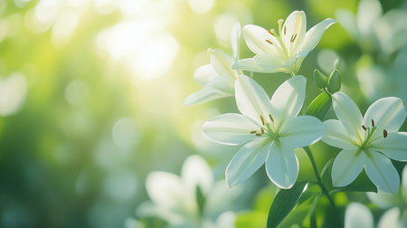 Soft white petals drift gently, adorned with morning dew, illuminated by gentle light in a tranquil garden setting, creating a peaceful atmosphere.の素材