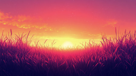The sky transforms with vibrant hues of orange, pink, and purple as the sun sets behind a field of tall grass swaying gently in the evening breeze.の素材
