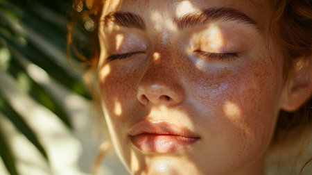 A woman with curly, voluminous hair and striking features gazes thoughtfully into the distance, illuminated by soft, warm sunlight during the late afternoon.の素材