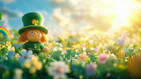 A leprechaun in a green outfit enjoys a whimsical day seated on a rainbow made of candy. Vibrant flowers and lush greenery surround the cheerful scene, hinting at a magical world.の素材