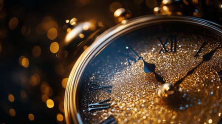 A vintage clock shows the time near midnight, surrounded by swirling golden dust particles that create a magical atmosphere. The Roman numerals glimmer under the soft light.の素材