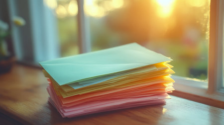 A stack of colorful envelopes is placed on a wooden table beside a bright window, allowing natural light to illuminate the vibrant hues and nearby greenery.の素材