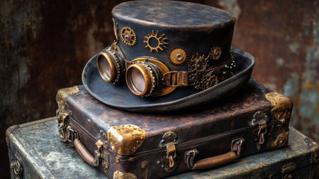 A unique steampunk hat adorned with gears and goggles rests on a weathered suitcase, showcasing intricate craftsmanship and a nostalgic vibe in an indoor setting.の素材