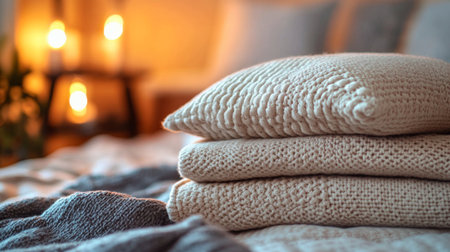 Soft beige pillows are stacked on a neatly made bed, creating a cozy atmosphere. Warm candlelight glows gently, enhancing the tranquil ambiance of the room.の素材