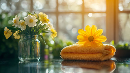 A cozy spa arrangement features a glass jar of vibrant flowers next to a neatly folded yellow towel, illuminated by warm sunlight streaming through the window.の素材