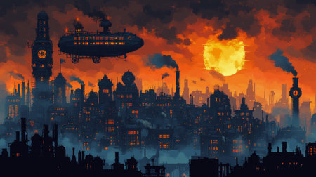 Foreign airships navigate through a glowing orange sky above a steampunk city with towering spires and clock towers against a backdrop of destruction and chaos.の素材