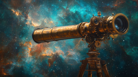 A detailed telescope stands prominently, surrounded by a colorful cosmic backdrop of swirling galaxies and shining stars. The intricate design hints at a blend of science and art.の素材