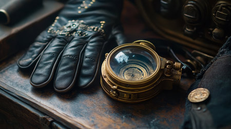 A vintage camera is positioned next to a worn leather glove on a richly textured wooden surface, capturing a moment of nostalgia and history in soft natural light.の素材