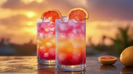 A cold drink filled with ice and layered colors sits on a table surrounded by fresh oranges, capturing a stunning sunset atmosphere during a warm evening.の素材