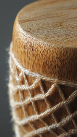 Close-up of a beautifully woven textile featuring intricate patterns and rich colors, resting on a textured wooden surface illuminated by soft natural light.の素材