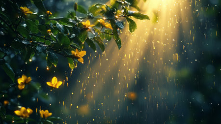 Golden rays of sunlight penetrate the dense foliage, illuminating the forest floor. The gentle rain enhances the vibrance of the greenery, creating a magical atmosphere.の素材