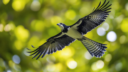 A beautiful bird with outstretched wings glides through a vibrant green forest, illuminated by soft sunlight filtering through the leaves on a serene afternoon.の素材