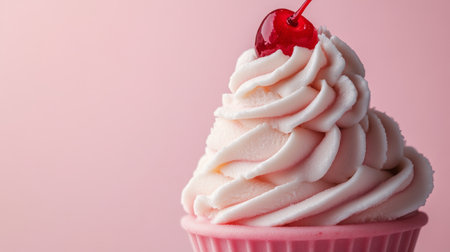 A creamy swirl of pink ice cream sits proudly in a cone, adorned with a bright cherry on top, creating a delightful dessert display.の素材
