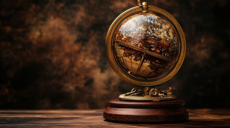 A vintage globe sits on a polished wooden table, showing antique world maps. Soft lighting adds a warm ambiance to the cozy, inviting atmosphere of the room.の素材