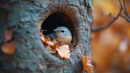 A small bird perches at the entrance of its nest inside a tree trunk. Vibrant green leaves frame the nest, illuminated by gentle morning sunlight, creating a serene environment.の素材