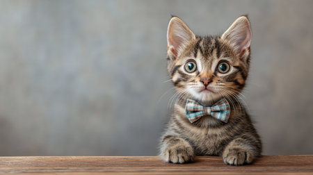 A playful tabby kitten with striking green eyes and a stylish bow tie sits on a wooden surface. The backdrop is soft and blurred, adding to the charming mood of the moment.の素材