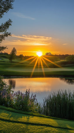 As the sun sets, it casts a warm glow over the tranquil pond on the golf course, reflecting vibrant colors in the sky and illuminating the surrounding landscape.の素材