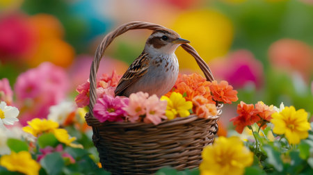 A small bird sits comfortably in a wicker basket filled with colorful flowers. The bright blooms create a lively atmosphere, perfect for a spring day outdoors.の素材