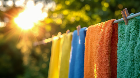 Vibrant towels in shades of orange, yellow, blue, and green hang on a clothesline, basking in the warm glow of the evening sun, creating a cheerful outdoor atmosphere.の素材