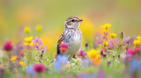 A small bird looks curiously at its surroundings while surrounded by a variety of colorful wildflowers. The meadow is bright and full of life in spring.の素材