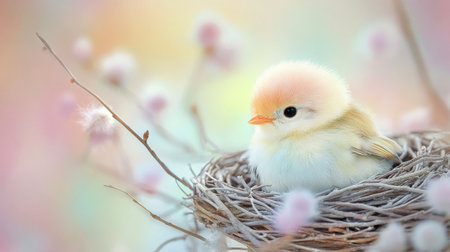 A young chick sits peacefully in a natural nest made of twigs and soft materials. Delicate flowers bloom around, creating a serene spring atmosphere filled with life.の素材