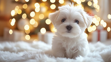A fluffy puppy sits on a cozy rug, surrounded by sparkling lights on a Christmas tree and wrapped gifts, embodying the festive spirit of the holiday season.の素材