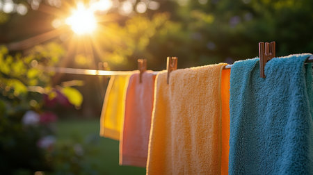 Vibrant towels in shades of orange, yellow, blue, and green hang on a clothesline, basking in the warm glow of the evening sun, creating a cheerful outdoor atmosphere.の素材