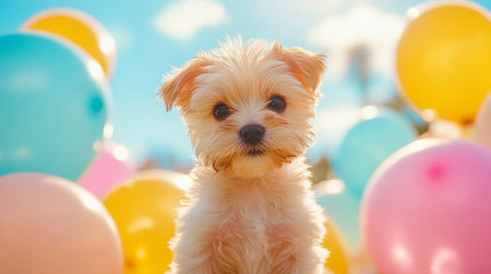 A cheerful puppy enjoys playing in a sea of vibrant, colorful balloons. The sky is a brilliant blue, with a warm sun shining down, creating a joyful atmosphere.の素材