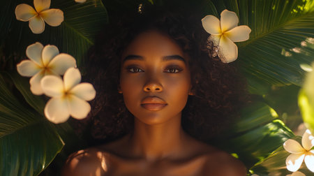 A young woman stands amidst lush green foliage, sunlight illuminating her face while pink flowers bloom nearby, creating a serene and peaceful atmosphere in nature.の素材