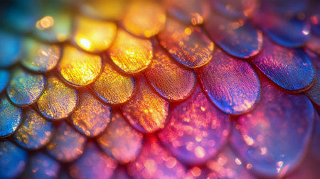 Vibrant and detailed close-up of fish scales reveals stunning colors and intricate patterns, illuminated by bright light. The interplay of hues creates a captivating visual effect.の素材