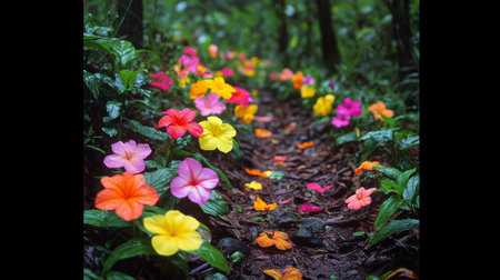 A vibrant display of multi-colored flowers runs along a narrow trail in a green forest, creating a picturesque view during the day while droplets glisten on the foliage.の素材