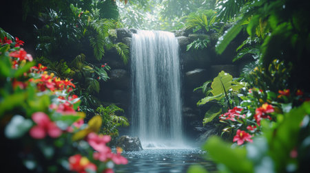 A beautiful waterfall flows over textured stones, surrounded by lush green plants and colorful flowers. Sunlight filters through the foliage, creating a tranquil atmosphere.の素材
