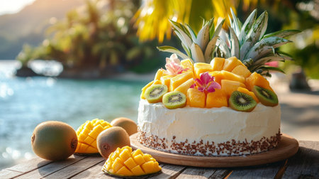 A vibrant cheesecake adorned with slices of mango, kiwi, and strawberries sits on a table overlooking the sparkling ocean. The sunny atmosphere enhances its appeal.の素材