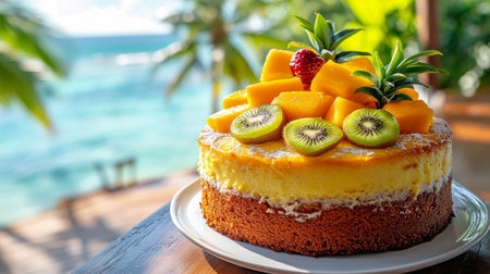 A vibrant cheesecake adorned with slices of mango, kiwi, and strawberries sits on a table overlooking the sparkling ocean. The sunny atmosphere enhances its appeal.の素材