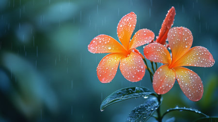 Vibrant tropical flowers display shades of orange and pink, glistening with raindrops under soft twilight light. A serene atmosphere surrounds the blooming plants as rain falls gently.の素材