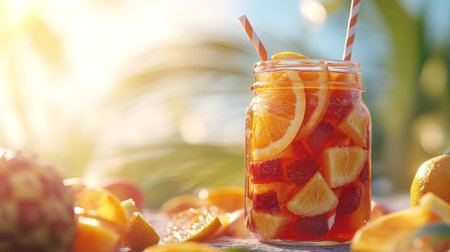 A vibrant jar filled with colorful fruit slices is displayed on a table outdoors. The sunlight enhances the freshness of the drink, perfect for a warm summer day.の素材