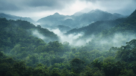 Green vegetation covers the landscape as heavy rain falls in a tropical rainforest. Distant mountains are shrouded in mist, enhancing the serene atmosphere.の素材