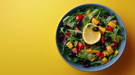 A pair of hands holds a bowl filled with fresh greens, cherry tomatoes, olives, and lemon slices against a bright yellow backdrop that enhances the colorful presentation.の素材